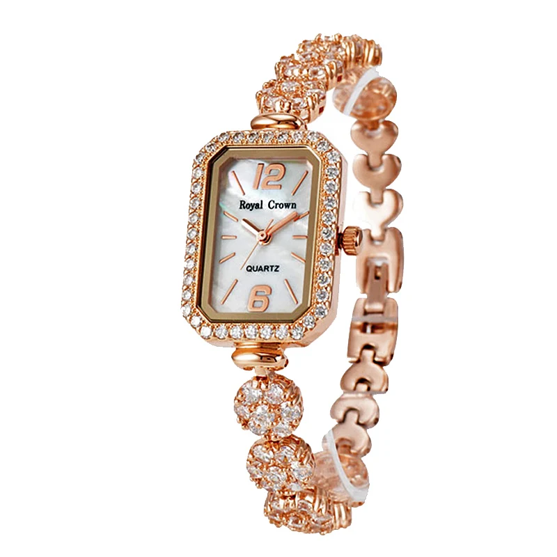 Royal Crown леди Для женщин кварцевые часы Японии ювелирные часы тонкой моды Установка кристалл браслет роскошные стразы подарок для девочки