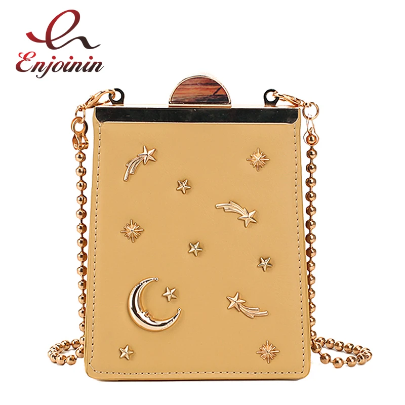 Цена Модная дамская сумочка кошелек из искусственной кожи на цепочке, карамельный цвет, звезды, луна, пряжка значок, сумка через плечо, мини сумка...