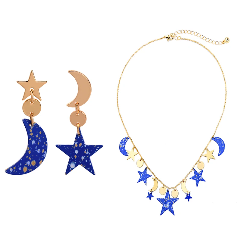 Женские асимметричные серьги подвески Moon & Star короткие летние сережки с синим
