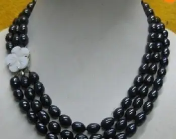 

3 rows 10-12mm Black natural Pearl Necklace 17"-19" beautiful Shell flower clasp