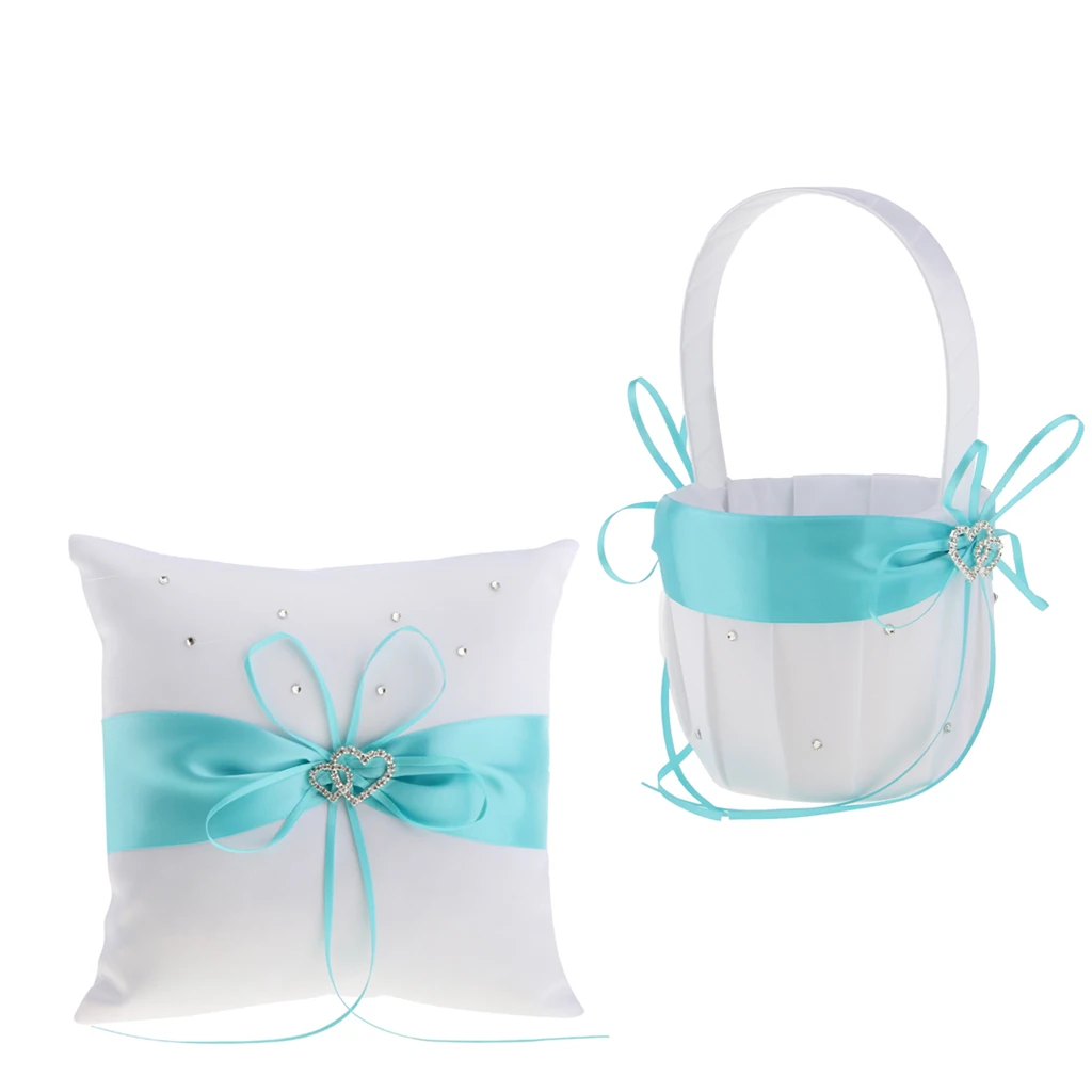1 Set Crystal Rhinestone Double Heart Blue Wedding Ring Pillow Flower Girl Basket White Garden Supplies