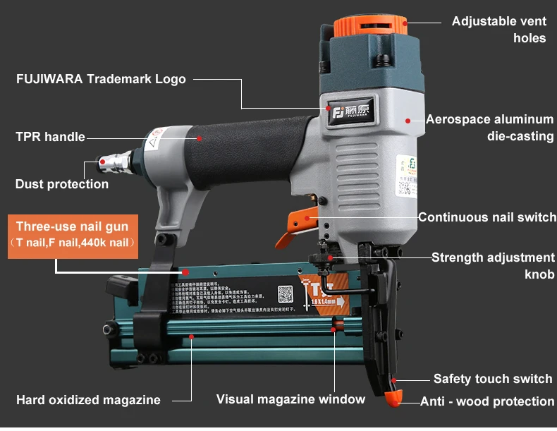 FUJIWARA 3-в-1 плотник пневматический гвоздепистолет деревообрабатывающий воздушный степлер F10-F50, T20-T50, 440K гвозди для домашнего использования, плотницкое дело украшения