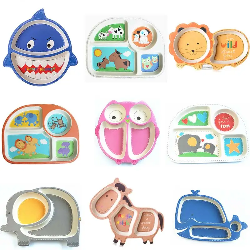 

Cartoon Baby Dishes Bamboo Fiber Sub-grid Plates Creative Irregular Children Tableware For Infant Toddler Kids Feeding Utensils