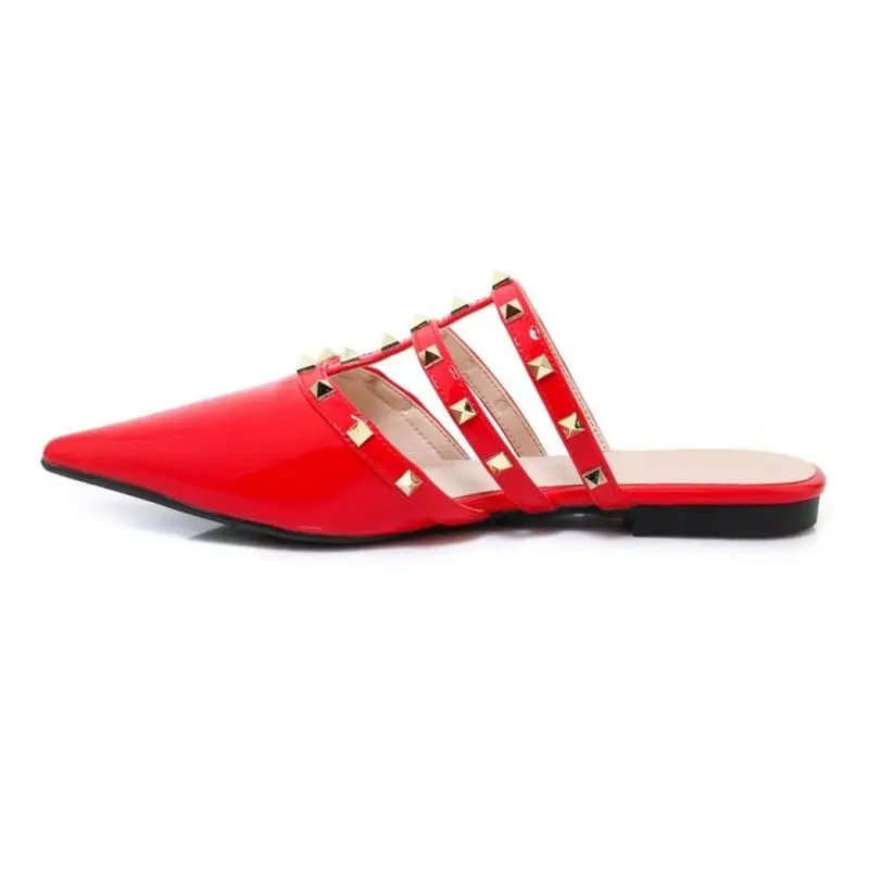 42 Club kaki Cuir Noir Vintage Taille 33 Bout Dames Razamaza Femmes Chaussures Mode Rivets Pantoufles Pointu Véritable rouge Femme En Sandales Rnq4TqU6