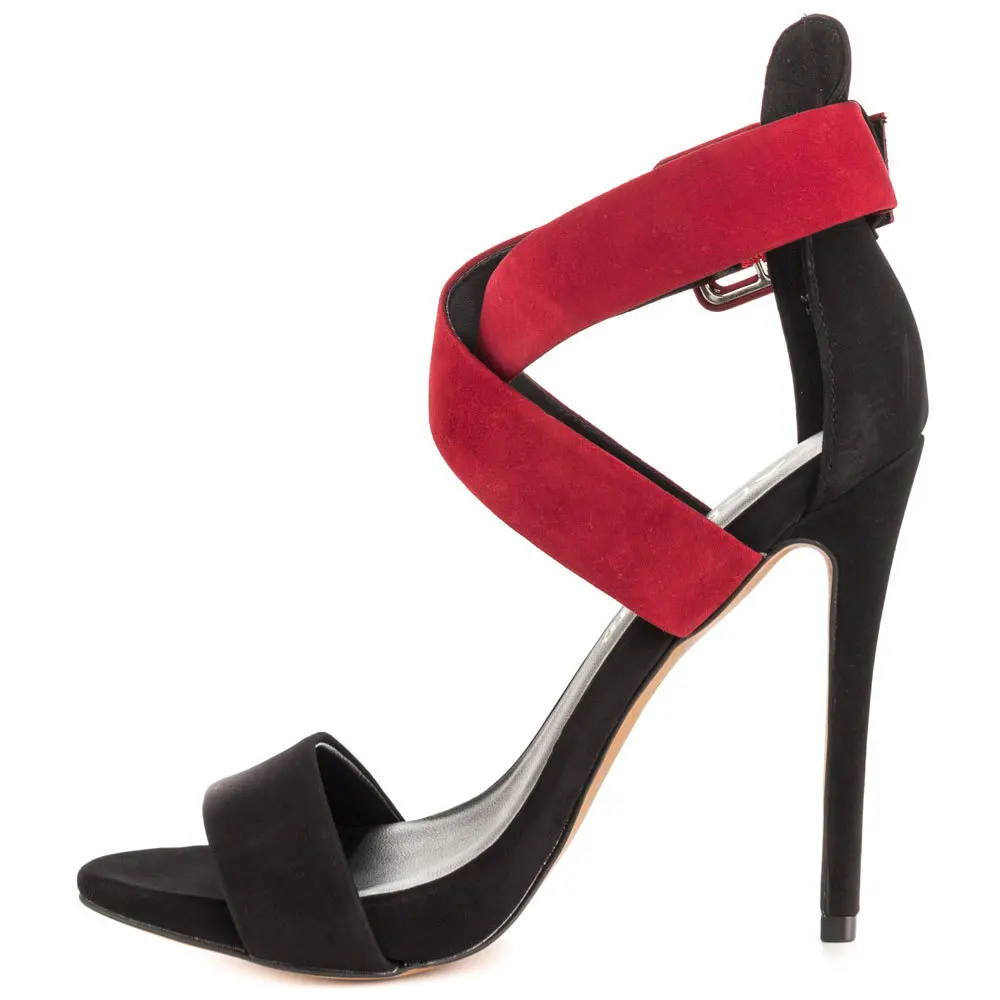 

Black and Red Criss Cross Strap Cover Heel High Heels Open Toe Sandal For Women Ankle Strap Shoe Women 2015 Shoes for Women