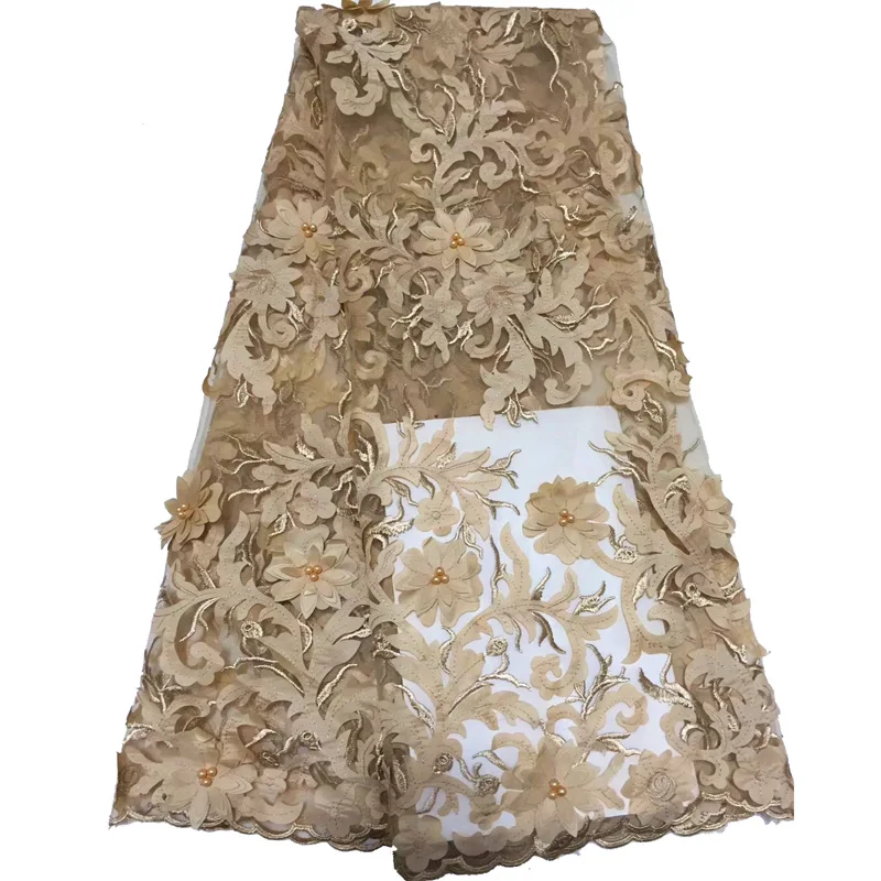 

Free shipping (5yards/pc) High quality gold African tulle lace 3D flowers appliqued French net lace with beads for party FLC822