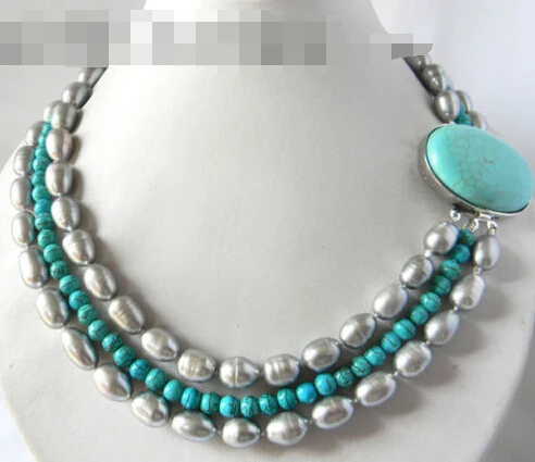 

0585 3Strands 18'' Round Turquoise Gray Freshwater Pearl Necklace