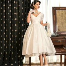Новинка, винтажное Короткое свадебное платье трапециевидной формы с v-образным вырезом и коротким рукавом, длина до середины икры, свадебное платье