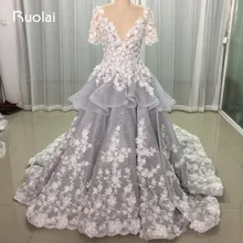 Real Photo Luxury Flower Pearls V-Neck Sheer Back Tiered Ball Gown Wedding Dresses 2017 Long Bridal Gown Grey Wedding Gown FW67