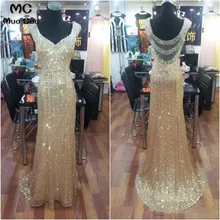 Элегантное платье для выпускного вечера, расшитое блестками, длинное, с v-образным вырезом, расшитое бисером и кристаллами