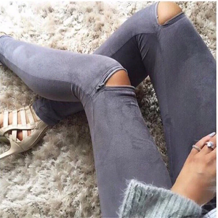 

Sexy Lady Solid Zipper Holes Skinny Jogger Pencil Pants Legging Stretch Slim Long Trouser
