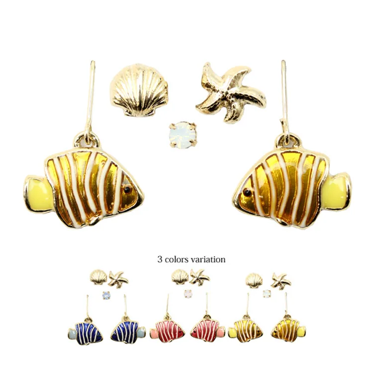 

Drop Shipping 2016 New Arrival Cute Fishstar Shell Tropical Fish Clownfish Rhinestone Stud Earrings set for Women Girl Gold Tone