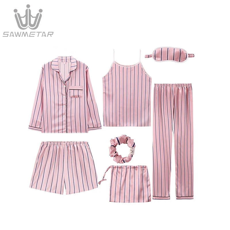 

Women's 7 Pieces Pajamas Sets Emulation Silk Pijama Striped Pyjamas Women Long Sleeve Sleepwear Spring Summer Autumn Homewear