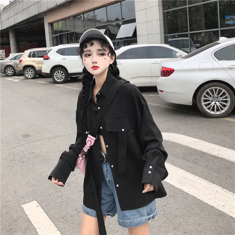 Харадзюку, женские рубашки, винтажные, готические, в японском стиле панк, уличные топы с длинными рукавами, корейские, черные, в стиле хип-хоп, темные, женские блузки