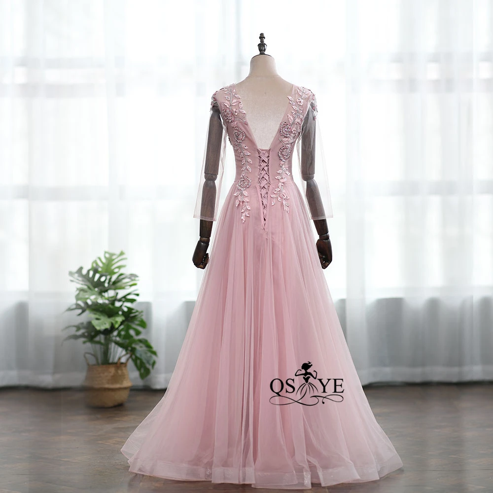 Qsyye коллекция розовые дешевые вечернее платье для выпускного вечера одежда с длинным рукавом сложный отделочный хрусталь платье из тюли со шнуровкой сзади элегантные платья для вечеринки