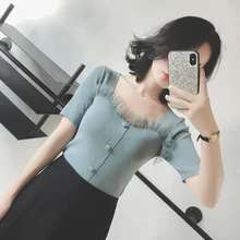 Лето для женщин модные однотонные обтягивающая с короткими рукавами стиль для повседневные рубашки