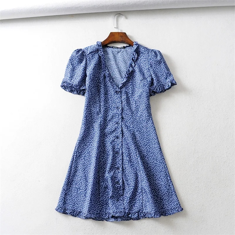 Women Print V Neck Button Up Mini Dress with Frill Trimming - Color: floral blue