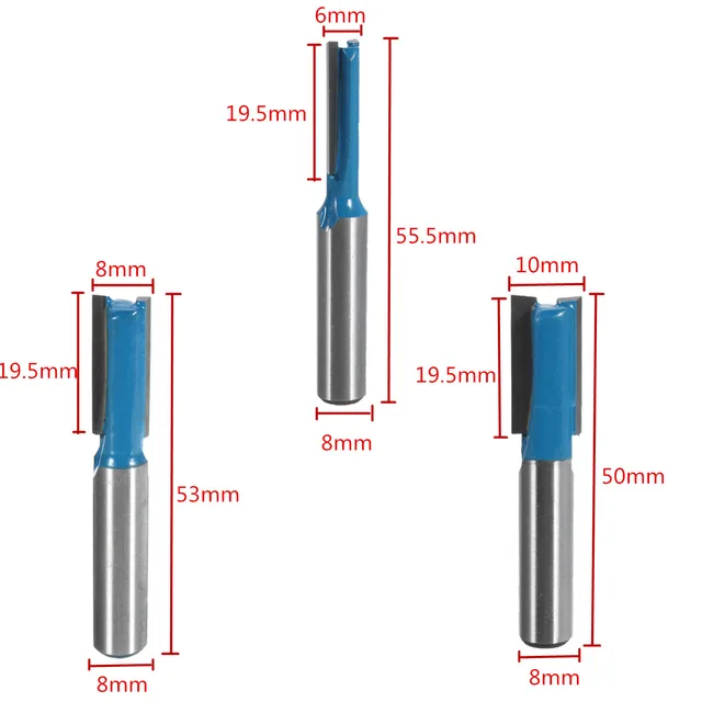 Wolke 7Pcs 8mm Shank Straight Router Bit Set 6mm/8mm/10mm/12mm/14mm/18mm/20mm Diameter Blue Milling Cutter for Wooden Cutting