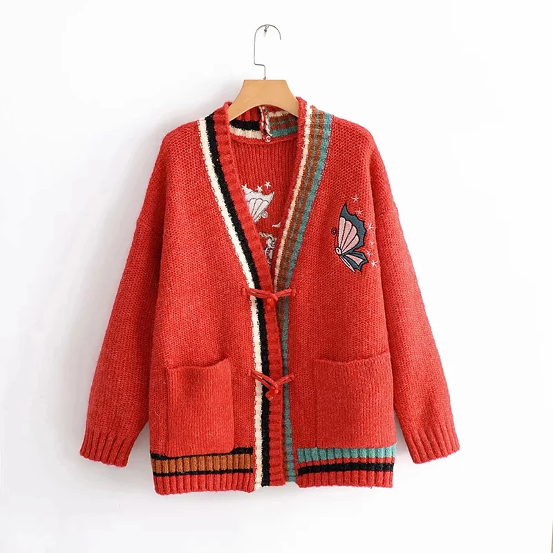 2018 новый осенний женский серый красный свитер с вышивкой вязаный толстый