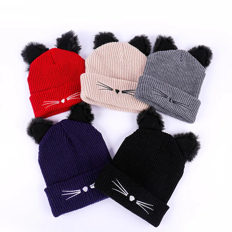 

2019 Women Winter Fashion Keep Warm Cat Ear Winter Hats Knitted Wool Hemming Hat