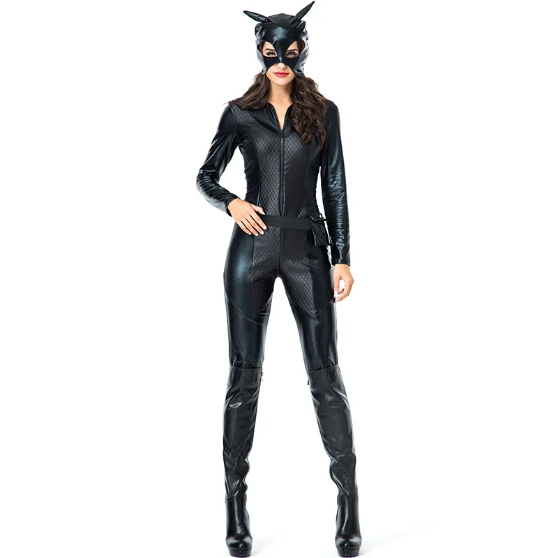 Взрослый Черный мокрого вида боди костюм кошка леди женщина сексуальный злодей костюм