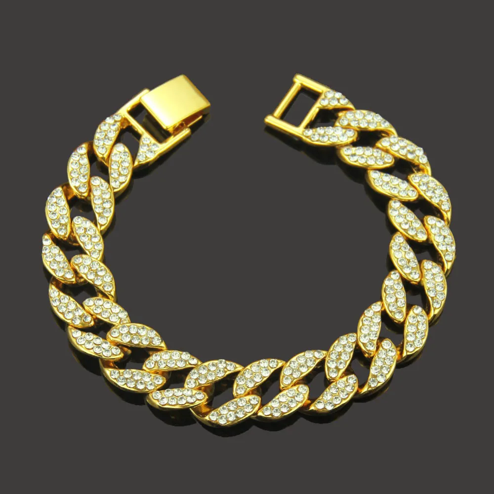 Bling Iced Out мужской браслет, полностью Стразы, золотой цвет, кубинские звенья, звенья цепи, браслеты для мужчин, ювелирные изделия в стиле хип-хоп