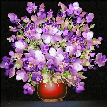 

DIY 3D Ribbon Embroidery cross stitch kits sets simple handmade needlework/ beautiful Purple flower decor picture paintings