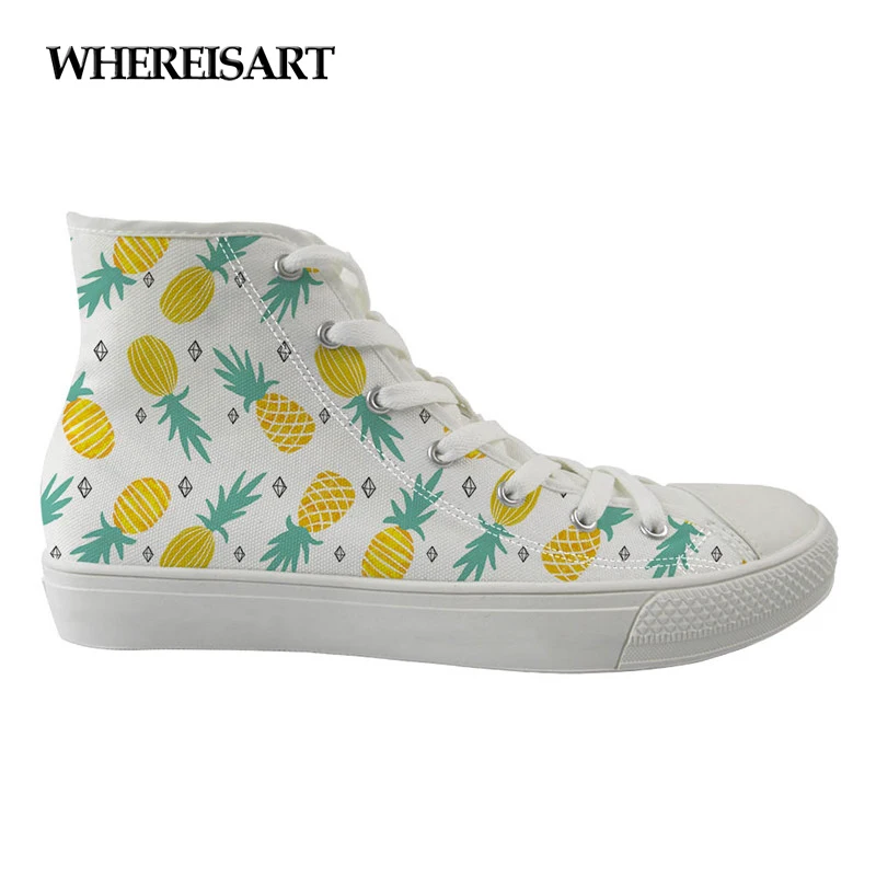 

WHEREISART 2019 Graffiti Women Walking Shoes Student Canvas Shoe Top Ladies With Platform Vulcanize Casual Flats Print Pineapple
