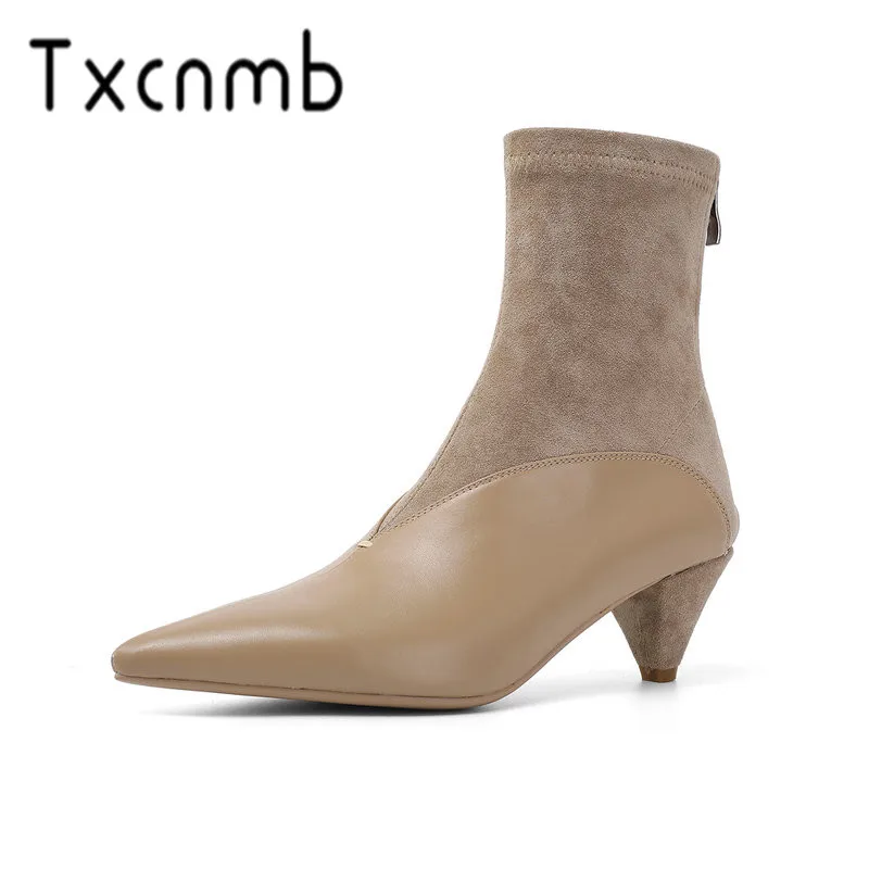 

TXCNMB Boots Women Autumn Winter Ankle Boots Genuine Leather Motorcycle Boots Fashion Zipper Pointed Toe Shoes Woman