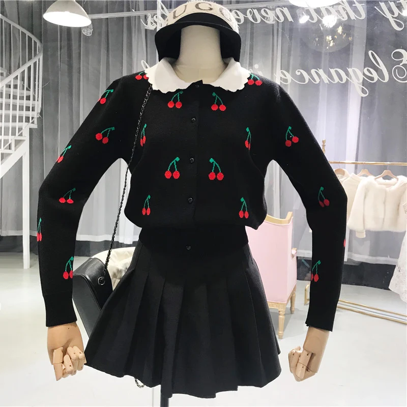 Cherry печати Для женщин кардиганы 2018 Демисезонный модная куртка Для женщин Вязание кардиган свитер