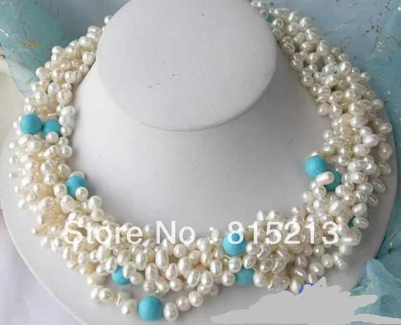 

ddh00351 5ROW 18" WHITE RICE FRESHWATER PEARL turquoise NECKLACE