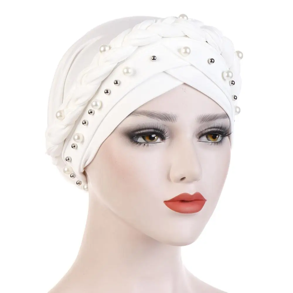 

Fashion Women Mosaic pearl Solid color braid Prined Stripes Indian Cap Muslim Hijab Headscarf Hat India Pakistan hat Headwear