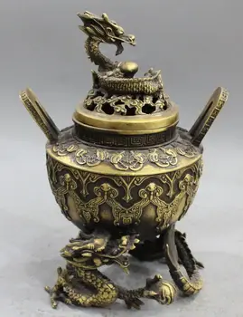 

11" Chinese Bronze Circle Twist Dragon Ball Flower Ruyi Incense Burner Censer