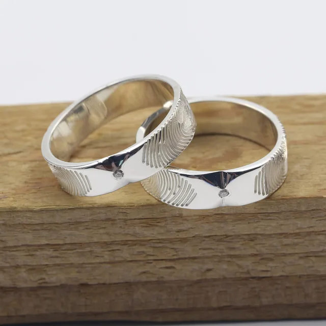 Fingerprint Engrave Ring Set 925 Silver Custom Wedding Band Fingerprint Engrave Ring Set 925 Silver Custom Wedding Band With Birthstone Personalized Memory Jewelry