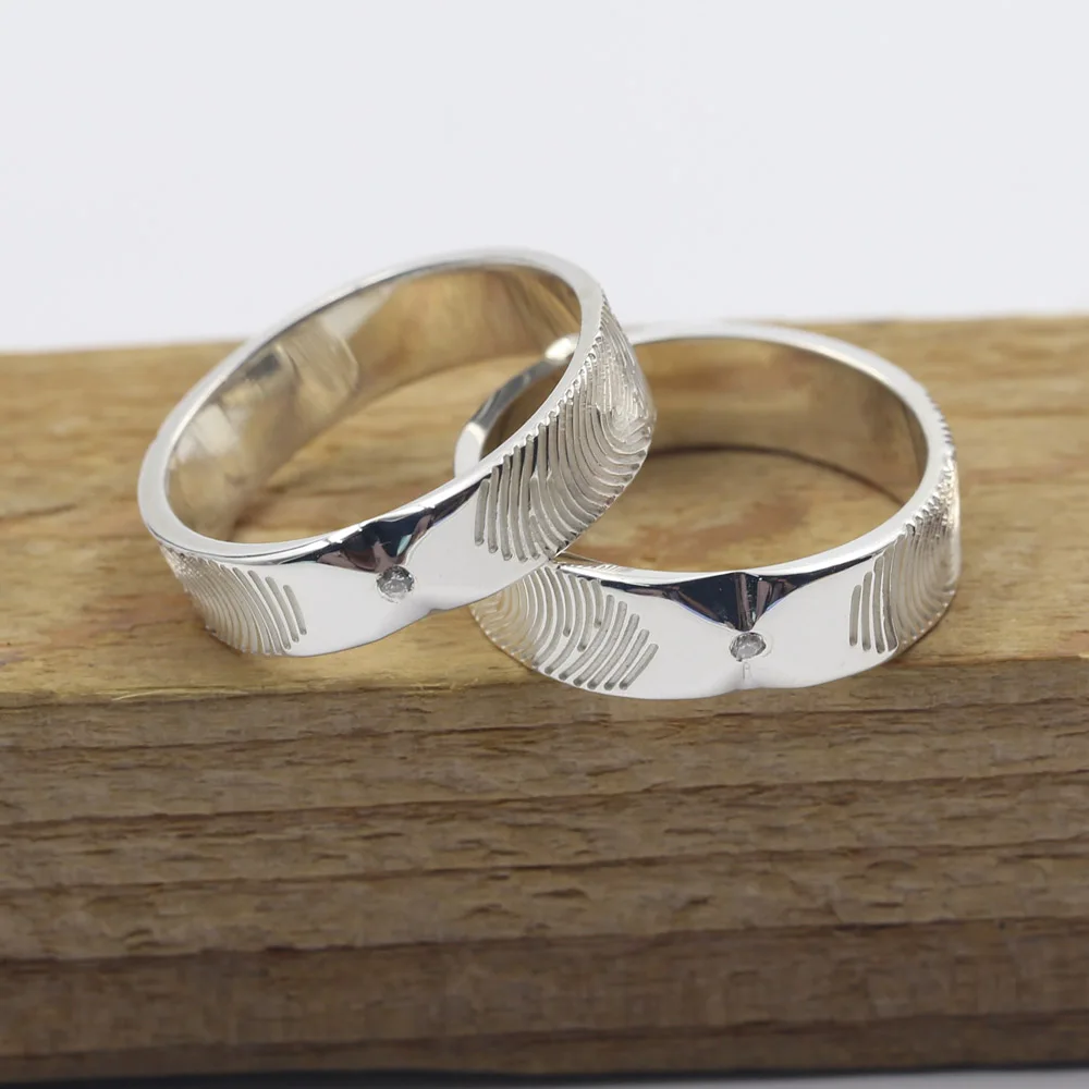 Wholesale 925 Silver Custom Couple Fingerprint Ring Set Engraves