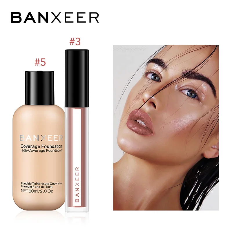 BANXEER Тональная основа+ блеск для губ, 2 шт., набор для макияжа, тинт для губ, высокий пигмент, полное покрытие, тональный крем, макияж, набор для ежедневного макияжа - Цвет: 5