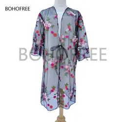 BOHOFREE Цветочная вышивка кимоно Прозрачная Кружевная Сетка Femme Boho кимоно топы женская верхняя одежда Защита от солнца кимоно Blusas Mujer