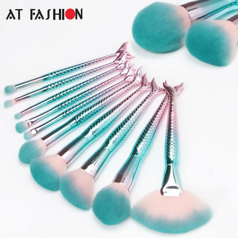 

AT FASHION Newest 10Pcs Mermaid Makeup Brushes Set Cosmetic Foundation Blush Eye Shadow Blending Fish Brush Beauty Tool Kit