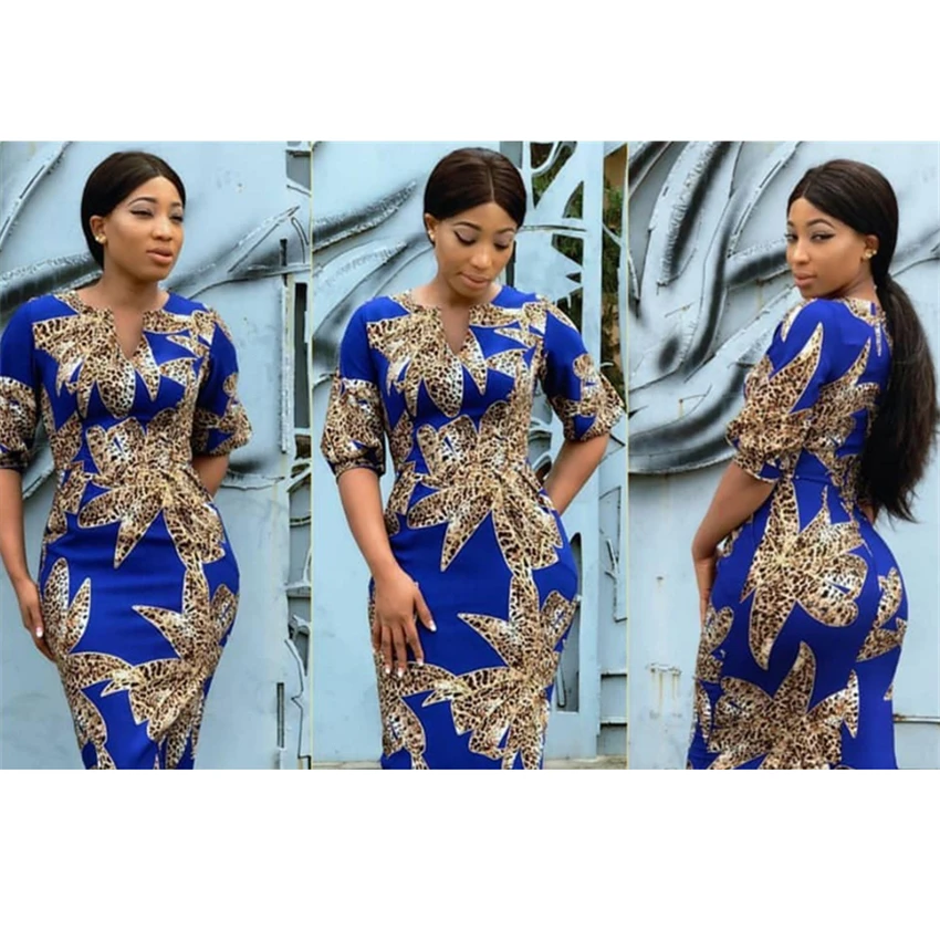

Traditional African Dashiki Woman Leopard Printed Dress V-neck Fashion Fit Clothing 2019 New Casual Bazin Party Dresses