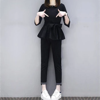 

New Fashion Spring Women Clothing Two Piece Set Female Tops + Pants Suit Sets Ensemble Femme Vintage Slim Striped Tracksuit F193
