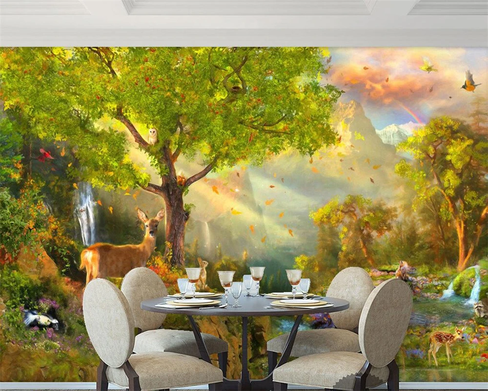 Beibehang wallpaper for walls 3 d Sunshine green forest forest deer river water landscape wallpaper 3D living room 3d wallpaper 90x40cm clouds sky sunshine beautiful scenery large mouse pad green healing eye protection desk pad gaming mouse pad teclado pad