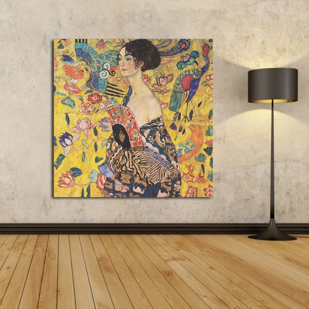JQHYART леди с вентилятором Густава Климта 1917-1918 настенный Рисунок Картина лист дома декоративная картина Краска на холсте