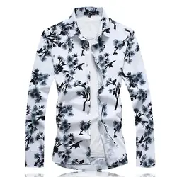 2018 Новый Осень Бизнес Повседневный стиль мода цветочный принт белый контраст цвета рубашка с длинным рукавом мужские большие размеры