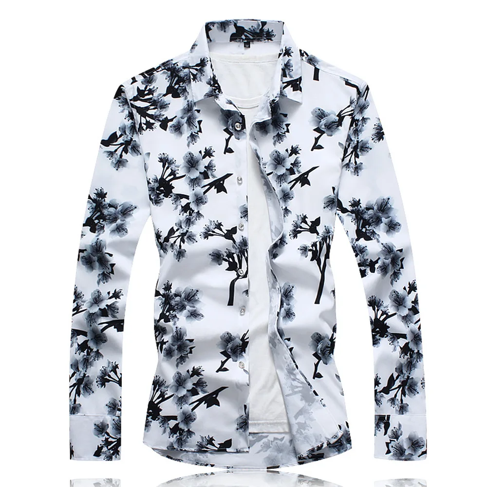 

2018 new autumn business casual style fashion floral print white contrast color long sleeve shirt men plus size shirts M-7XL