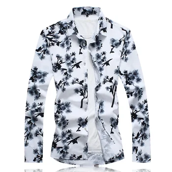 

2018 new autumn business casual style fashion floral print white contrast color long sleeve shirt men plus size shirts M-7XL