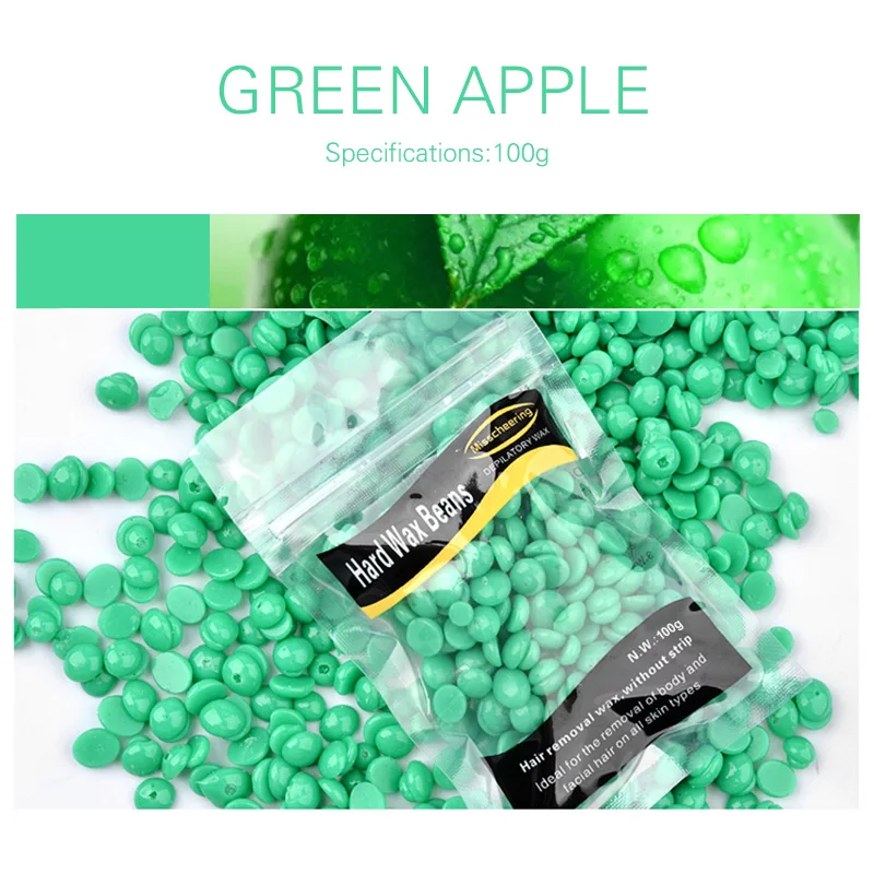 Зеленый яблочный аромат, безболезненный воск, бобы 100 г, воск для депиляции, горячая пленка, твердый воск для мужчин и женщин, для всех типов кожи TSLM2