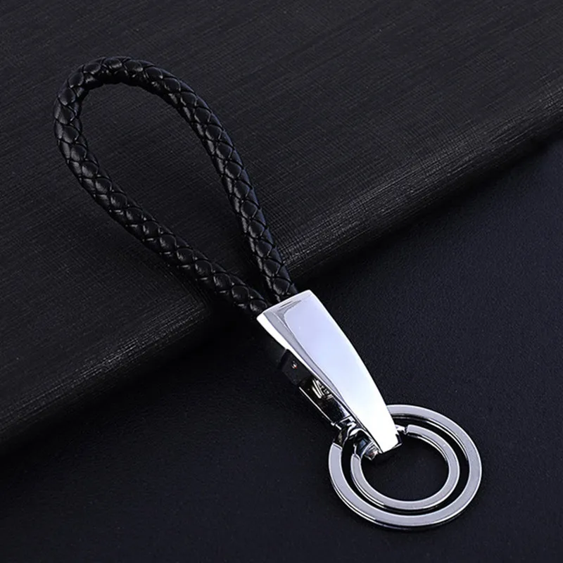 Double Silver Ring Metal Keychain Keyring Woven Leather