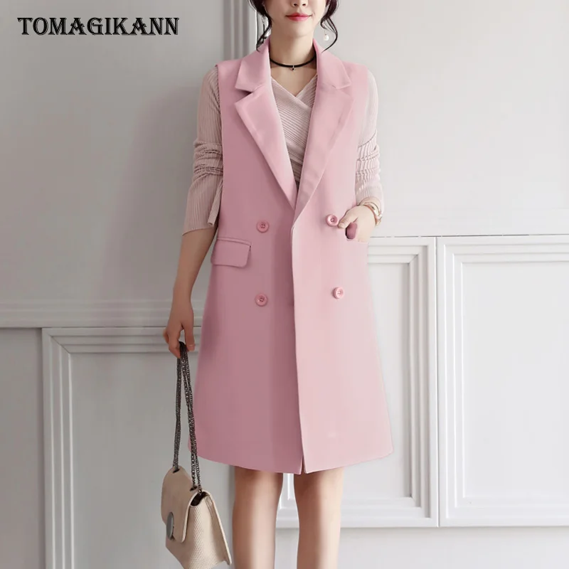 

Casual Women Vest Waistcoat Long Double Breasted Pockets Suit Coats Female Sleeveless Jacket Outwear