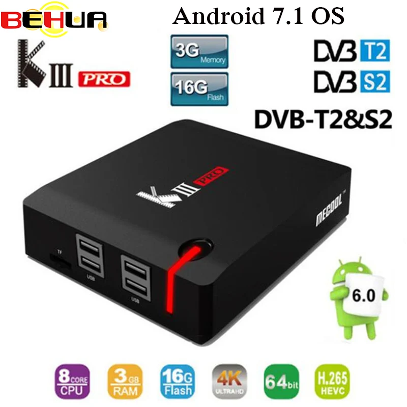 

MECOOL KIII PRO DVB-S2 with DVB-T2 DVB-C Android 7.1 IPTV Box 3GB 16GB Amlogic S912 Octa Core 4K Combo NEWCAMD Biss key PowerVU