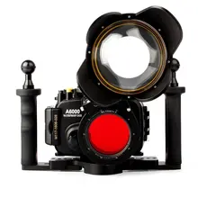 Waterproof Underwater Camera Housing Case Bag for Sony A6000 w/ 16-50mm Lens + Fisheye Dome Port + Two-hands Handle + Red Filte